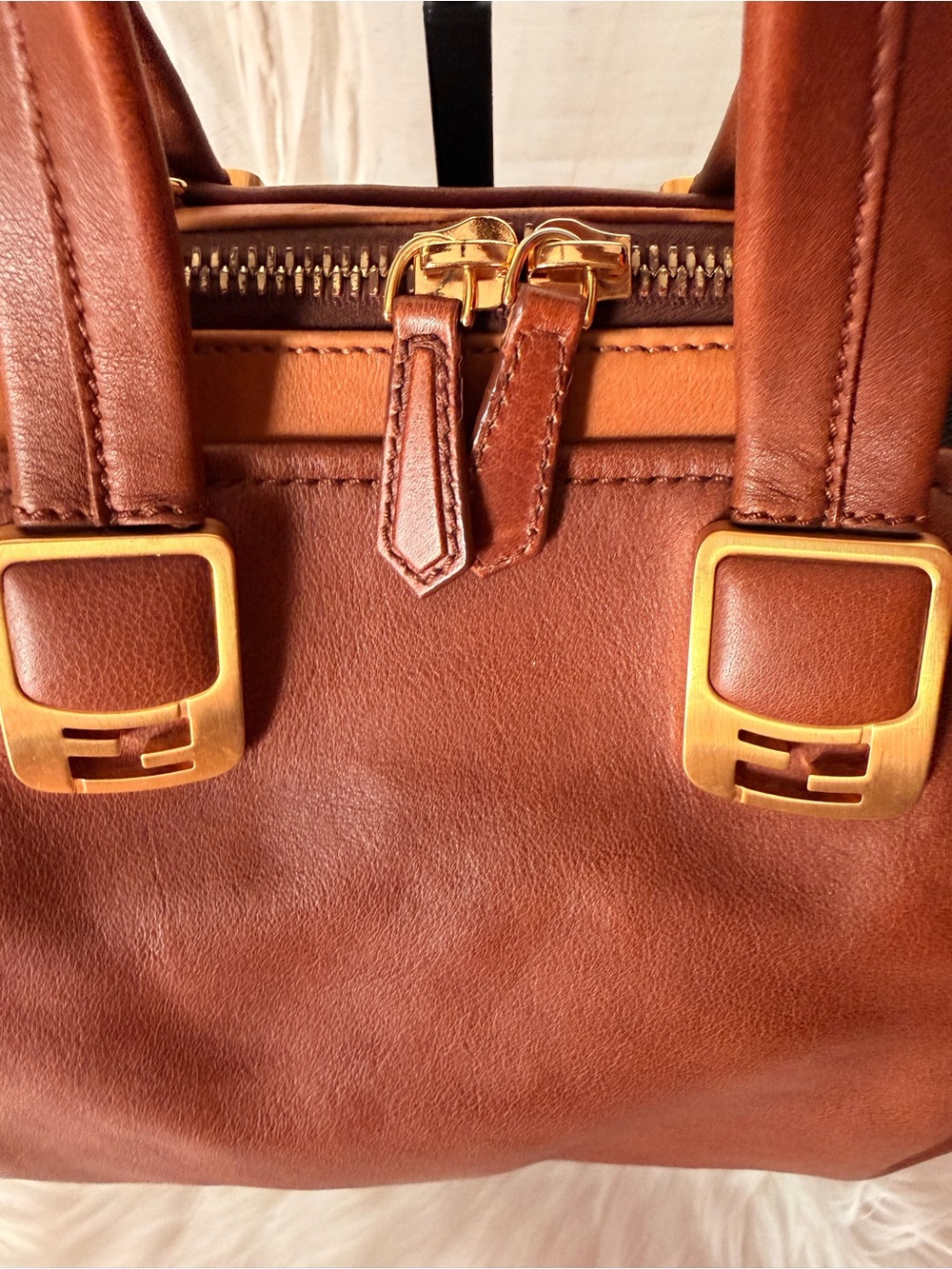 Fendi Two-Tone Brown Dark Brown and Black Leather Satchel with Gold Accents - Picture 3 of 13
